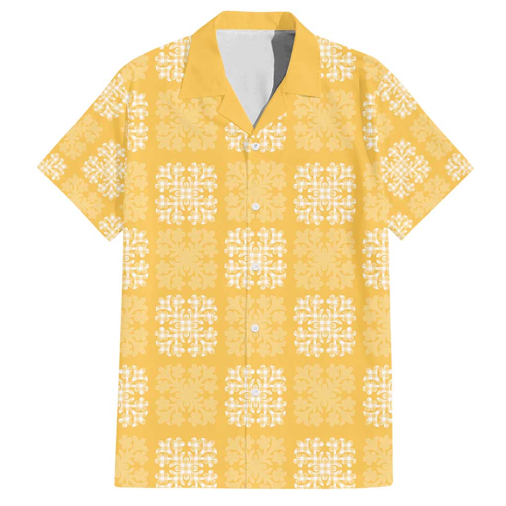 Yellow Palaka Quilt Hawaii Family Matching Off Shoulder Short Dress and Hawaiian Shirt Traditional Hawaii-plaid Pattern - Polynesian Pride
