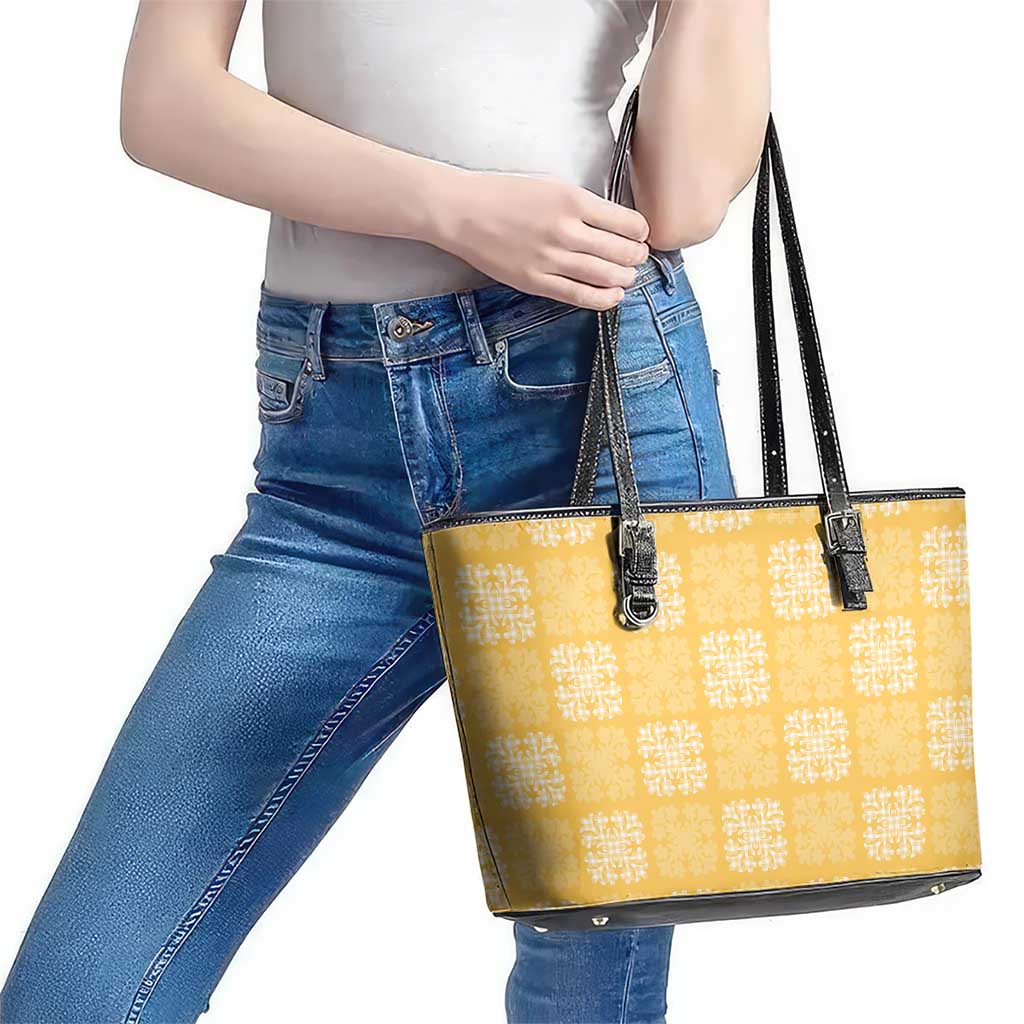 Yellow Palaka Quilt Hawaii Leather Tote Bag Traditional Hawaii-plaid Pattern - Polynesian Pride