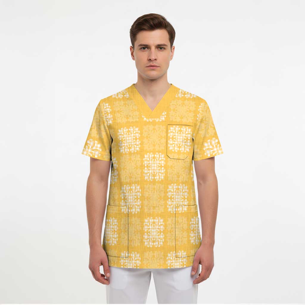 Yellow Palaka Quilt Hawaii Scrub Top Traditional Hawaii-plaid Pattern - Polynesian Pride