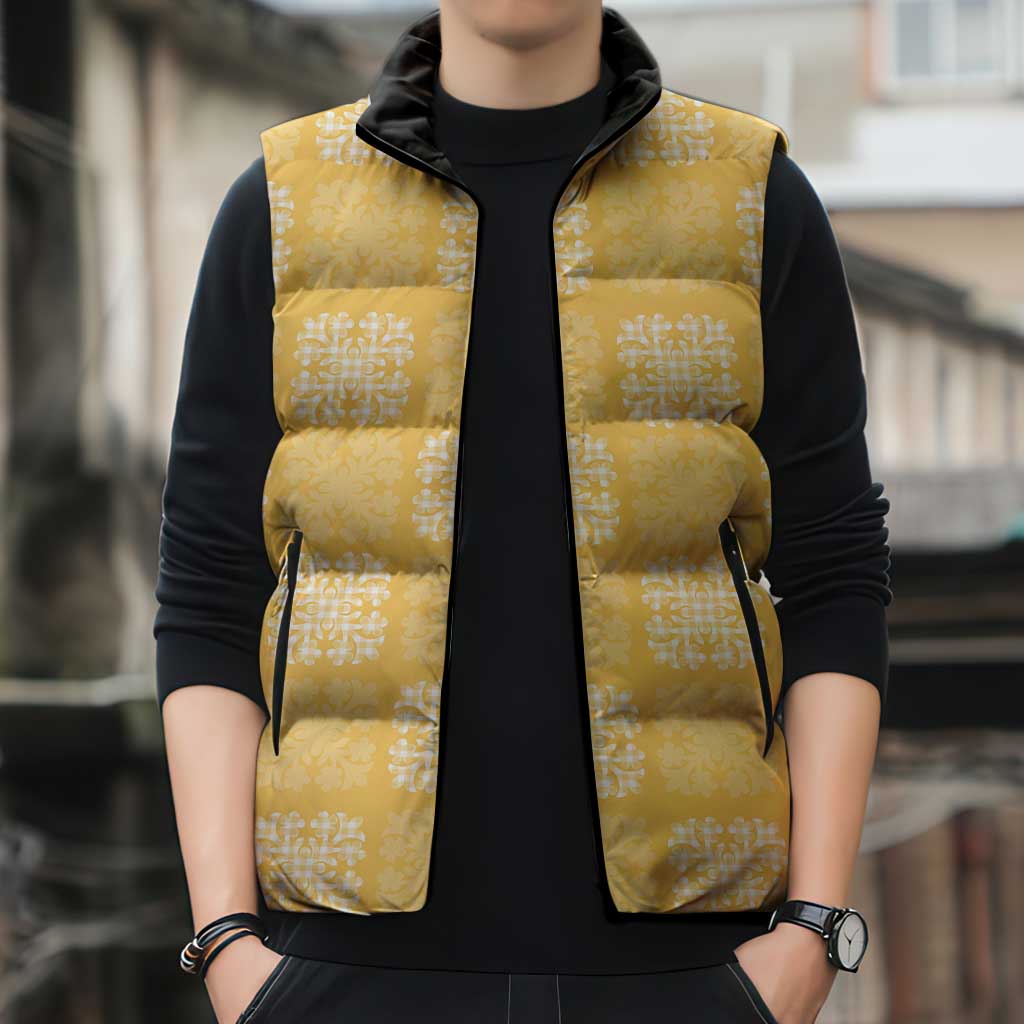 Yellow Palaka Quilt Hawaii Sleeveless Puffer Jacket Traditional Hawaii-plaid Pattern - Polynesian Pride