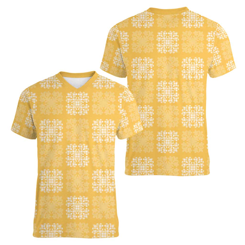 Yellow Palaka Quilt Hawaii Women V-Neck T-Shirt Traditional Hawaii-plaid Pattern - Polynesian Pride