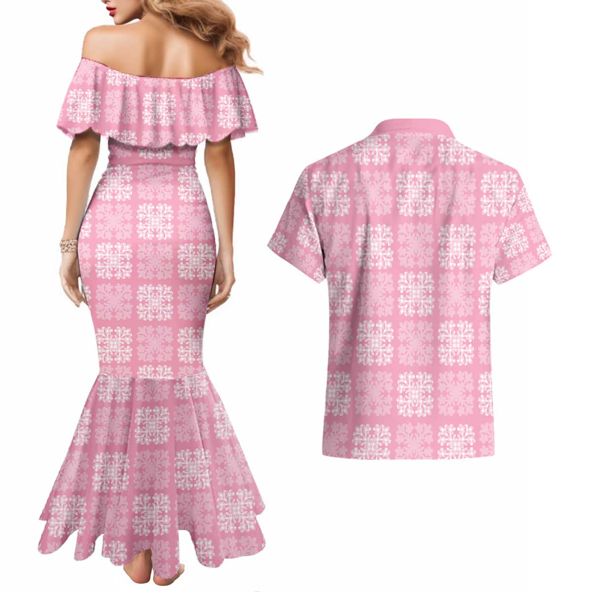 Pink Palaka Quilt Hawaii Couples Matching Mermaid Dress and Hawaiian Shirt Traditional Hawaii-plaid Pattern - Polynesian Pride