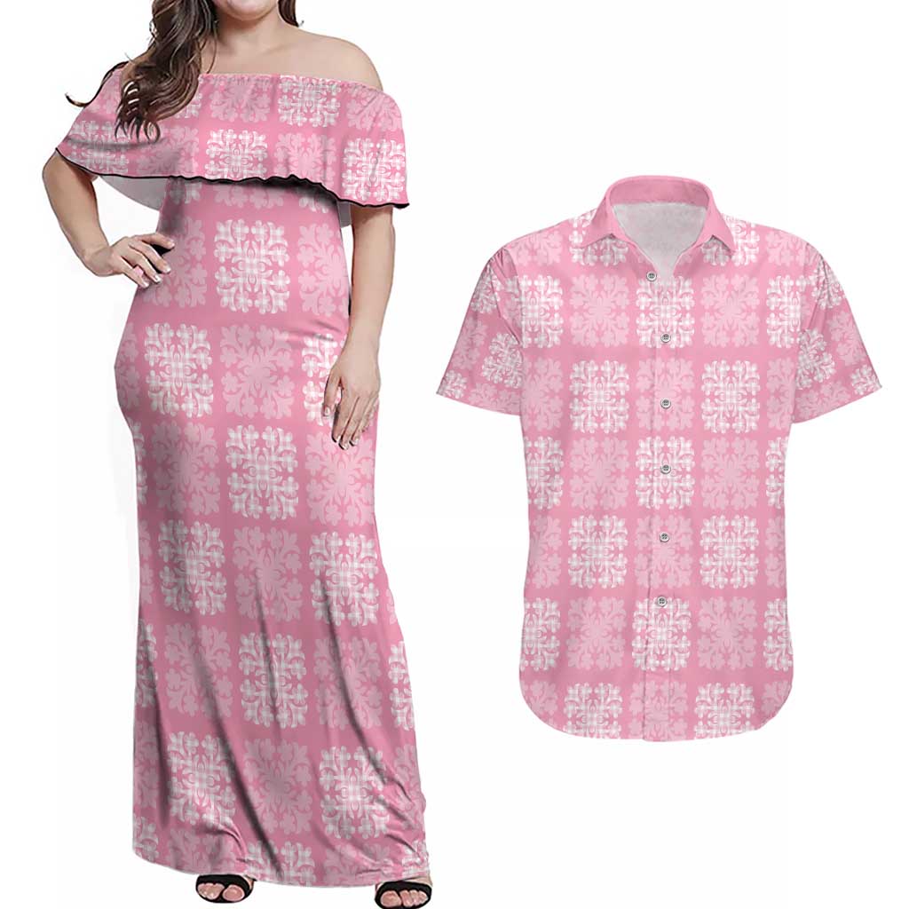 Pink Palaka Quilt Hawaii Couples Matching Off Shoulder Maxi Dress and Hawaiian Shirt Traditional Hawaii-plaid Pattern LT14 Pink - Polynesian Pride