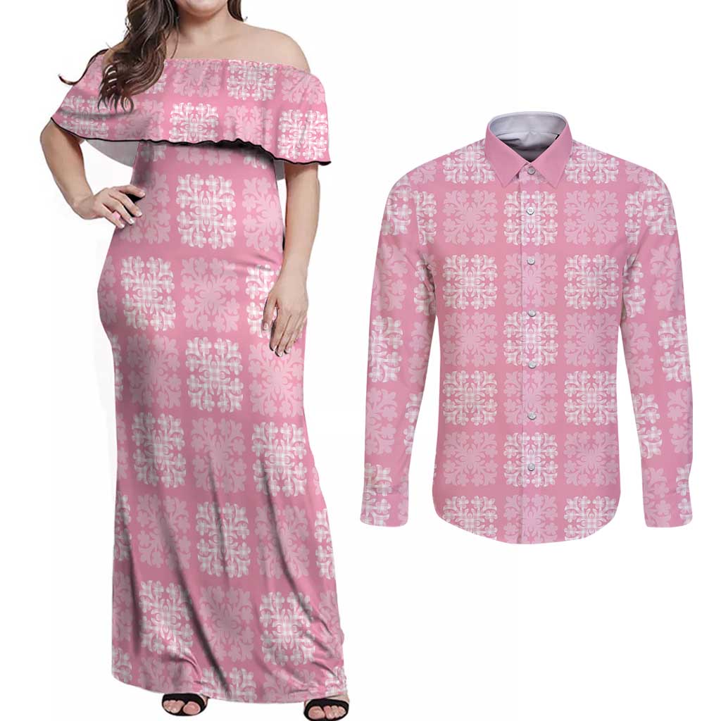 Pink Palaka Quilt Hawaii Couples Matching Off Shoulder Maxi Dress and Long Sleeve Button Shirt Traditional Hawaii-plaid Pattern LT14 Pink - Polynesian Pride