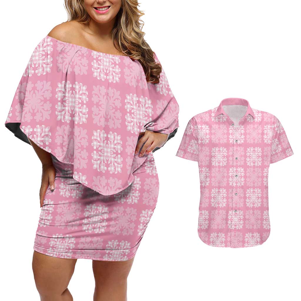 Pink Palaka Quilt Hawaii Couples Matching Off Shoulder Short Dress and Hawaiian Shirt Traditional Hawaii-plaid Pattern LT14 Pink - Polynesian Pride