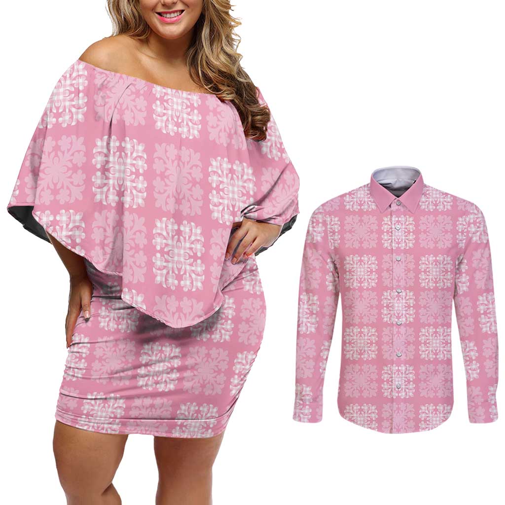 Pink Palaka Quilt Hawaii Couples Matching Off Shoulder Short Dress and Long Sleeve Button Shirt Traditional Hawaii-plaid Pattern LT14 Pink - Polynesian Pride