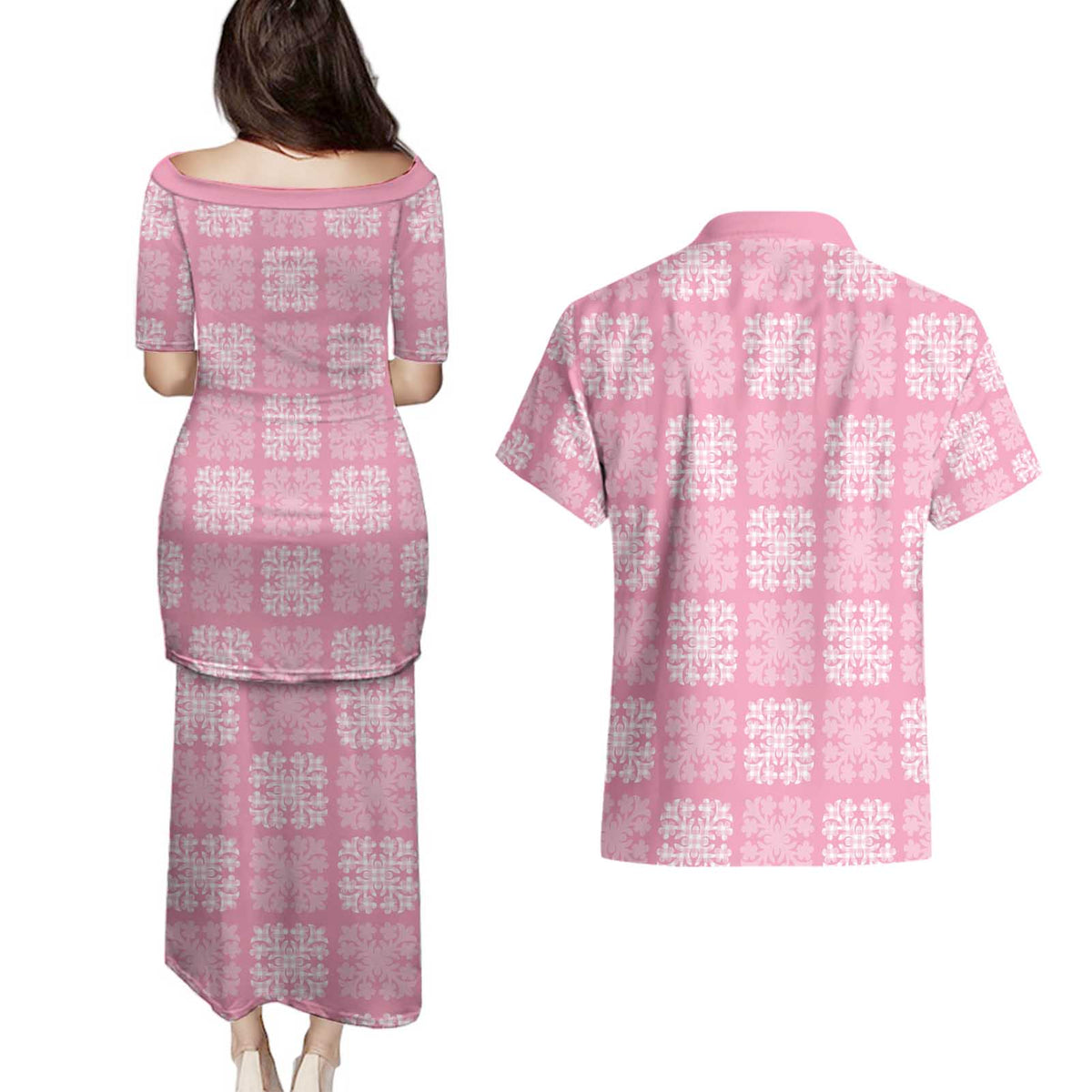 Pink Palaka Quilt Hawaii Couples Matching Puletasi and Hawaiian Shirt Traditional Hawaii-plaid Pattern - Polynesian Pride