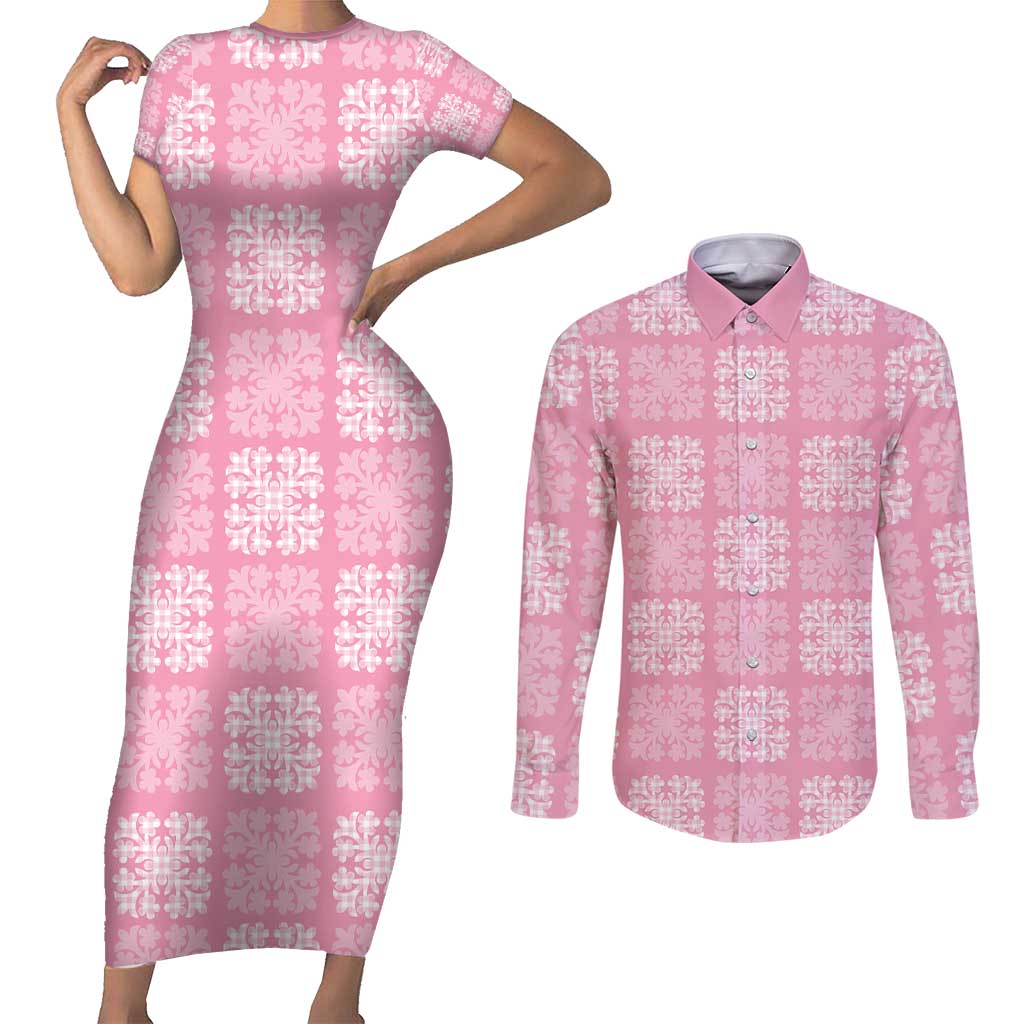 Pink Palaka Quilt Hawaii Couples Matching Short Sleeve Bodycon Dress and Long Sleeve Button Shirt Traditional Hawaii-plaid Pattern LT14 Pink - Polynesian Pride