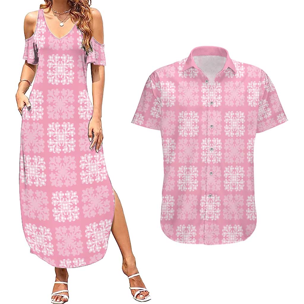 Pink Palaka Quilt Hawaii Couples Matching Summer Maxi Dress and Hawaiian Shirt Traditional Hawaii-plaid Pattern LT14 Pink - Polynesian Pride