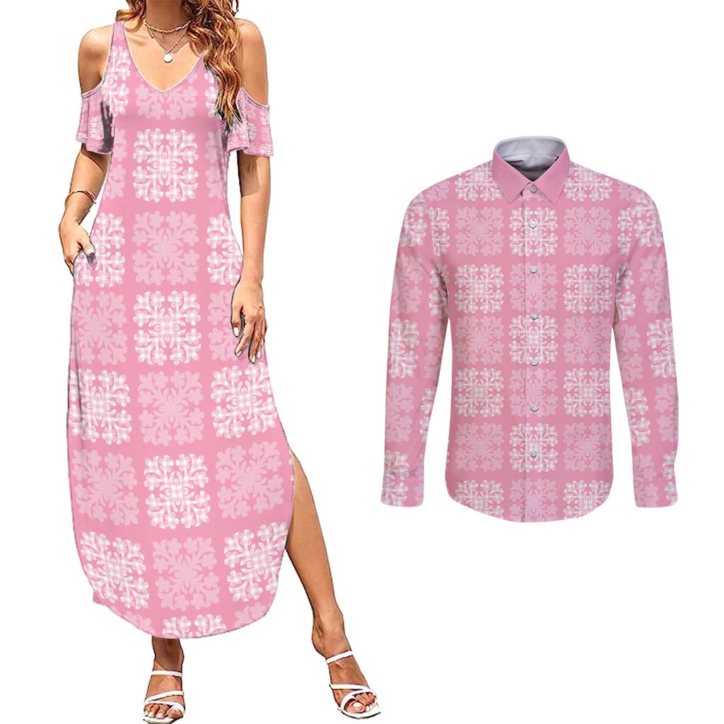 Pink Palaka Quilt Hawaii Couples Matching Summer Maxi Dress and Long Sleeve Button Shirt Traditional Hawaii-plaid Pattern LT14 Pink - Polynesian Pride