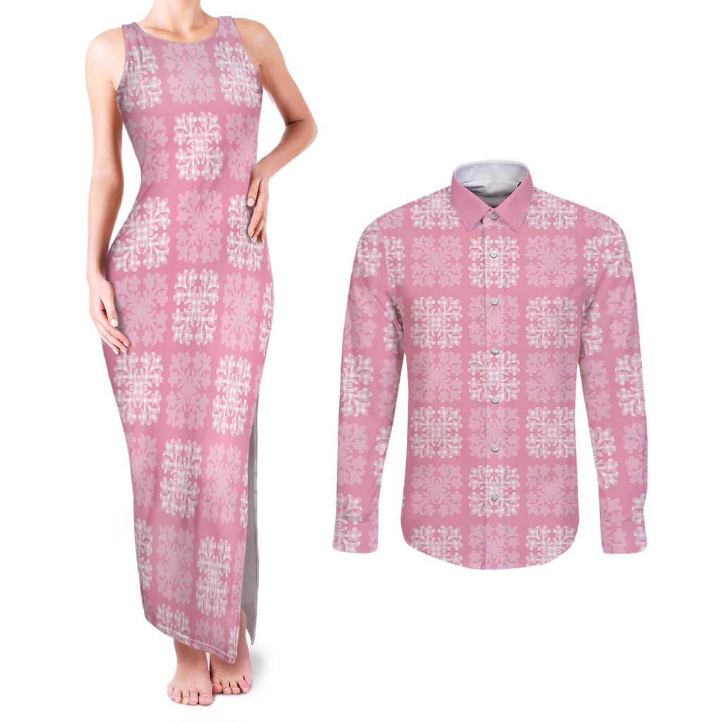 Pink Palaka Quilt Hawaii Couples Matching Tank Maxi Dress and Long Sleeve Button Shirt Traditional Hawaii-plaid Pattern LT14 Pink - Polynesian Pride