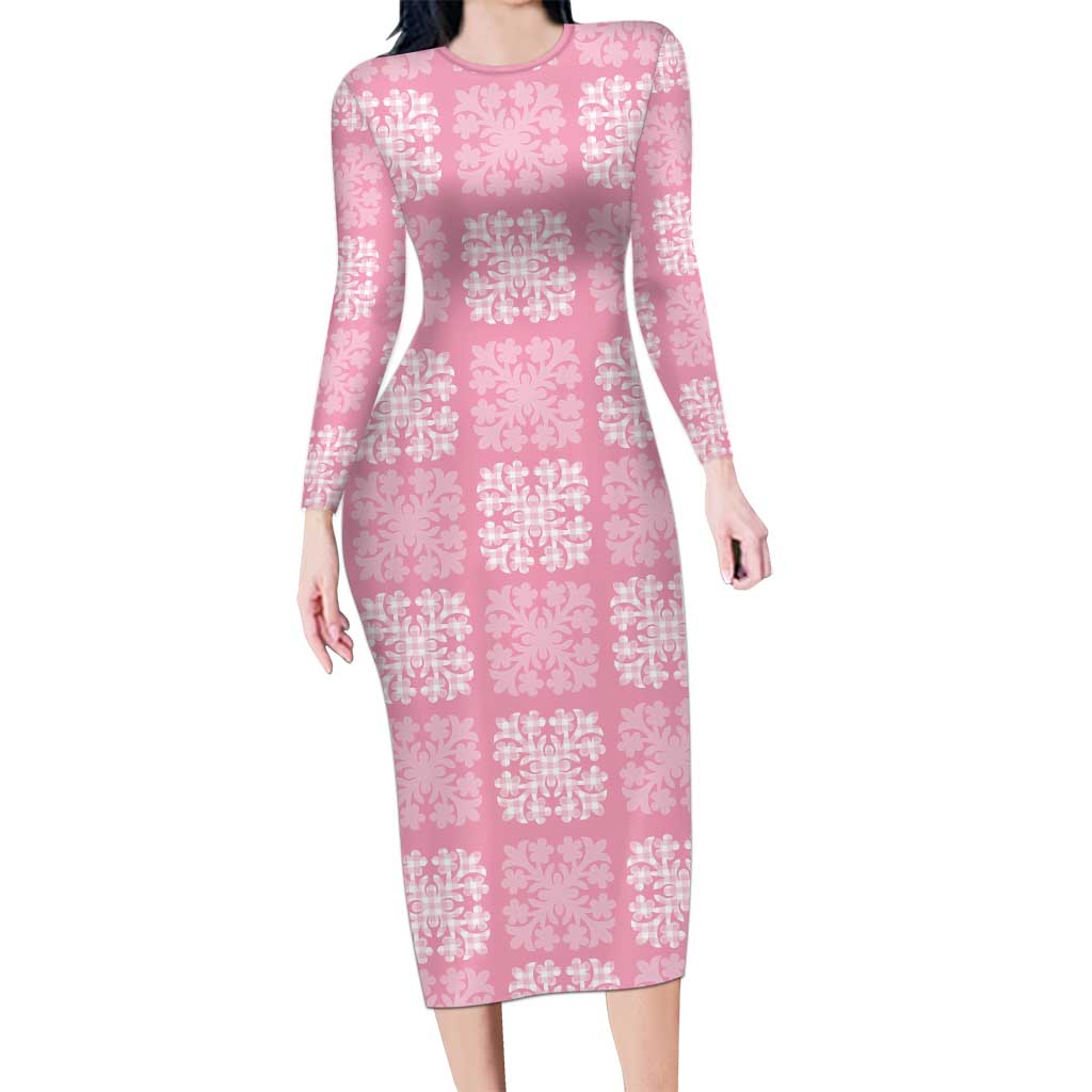Pink Palaka Quilt Hawaii Family Matching Long Sleeve Bodycon Dress and Hawaiian Shirt Traditional Hawaii-plaid Pattern LT14 Mom's Dress Pink - Polynesian Pride