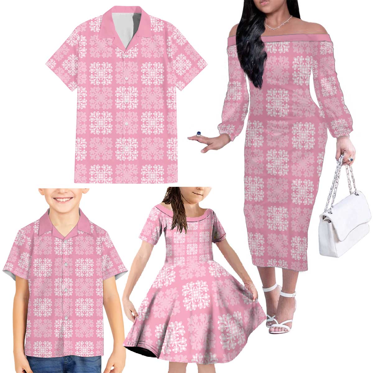 Pink Palaka Quilt Hawaii Family Matching Off The Shoulder Long Sleeve Dress and Hawaiian Shirt Traditional Hawaii-plaid Pattern LT14 - Polynesian Pride