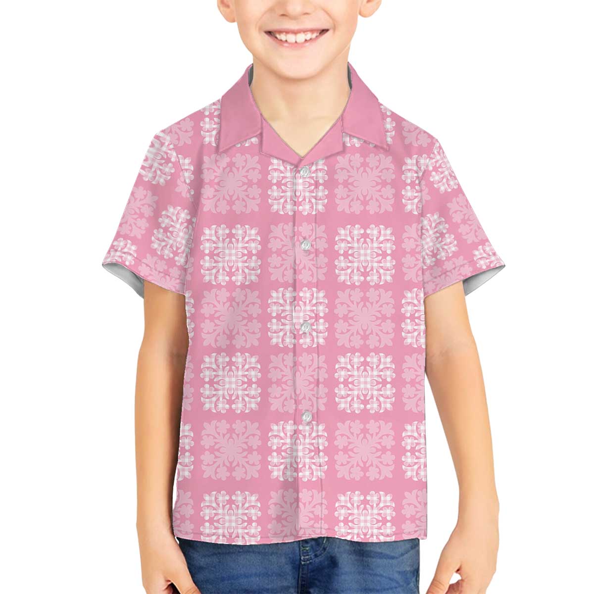 Pink Palaka Quilt Hawaii Family Matching Off The Shoulder Long Sleeve Dress and Hawaiian Shirt Traditional Hawaii-plaid Pattern LT14 Son's Shirt Pink - Polynesian Pride