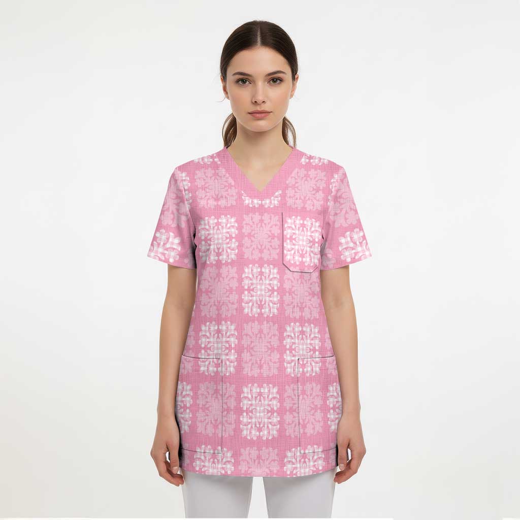 Pink Palaka Quilt Hawaii Scrub Top Traditional Hawaii-plaid Pattern - Polynesian Pride
