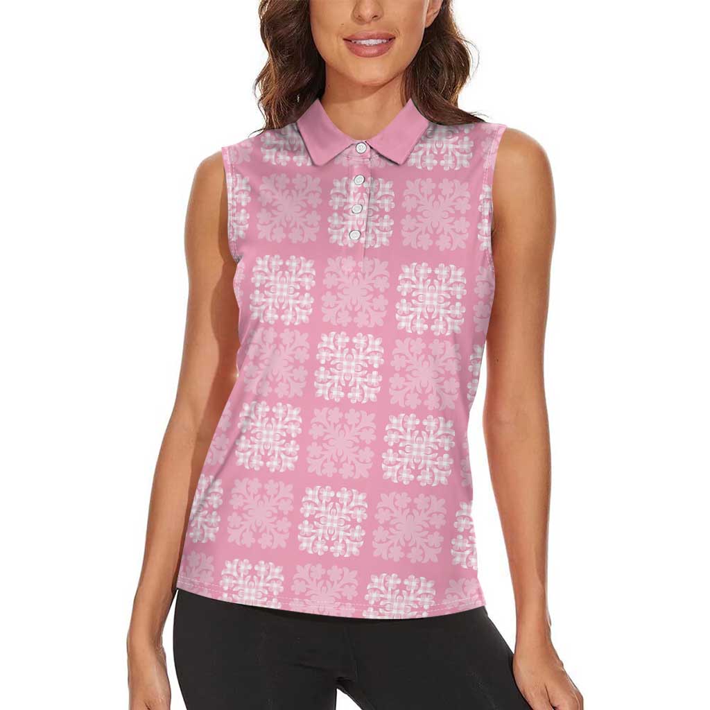 Pink Palaka Quilt Hawaii Women Sleeveless Polo Shirt Traditional Hawaii-plaid Pattern - Polynesian Pride