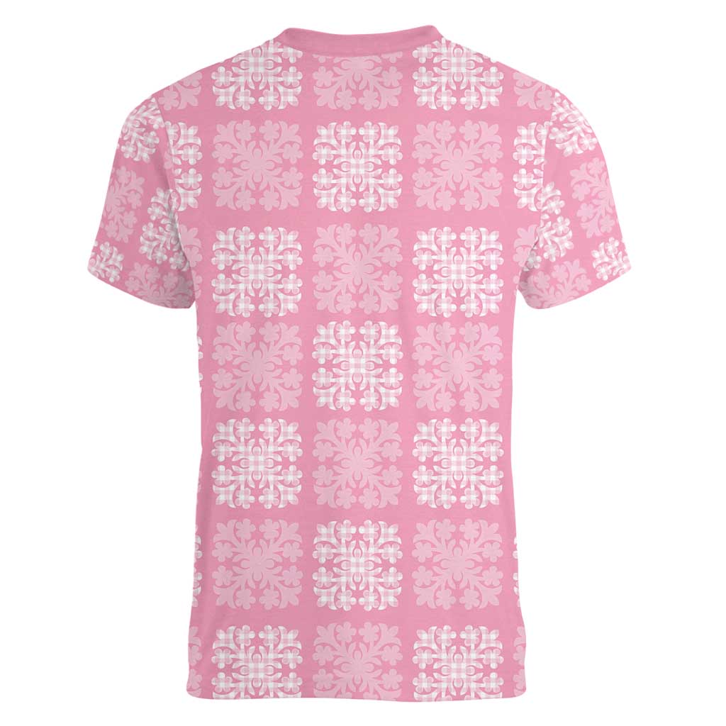 Pink Palaka Quilt Hawaii Women V-Neck T-Shirt Traditional Hawaii-plaid Pattern - Polynesian Pride