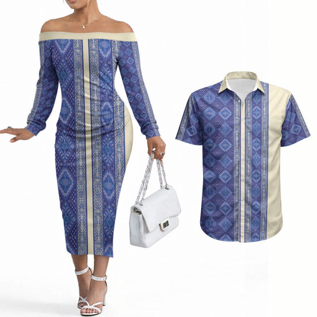 Mabuhay Philippines Festival Couples Matching Off The Shoulder Long Sleeve Dress and Hawaiian Shirt Yakan Modern Filipiniana Inspired LT14 Blue - Polynesian Pride
