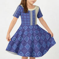 Mabuhay Philippines Festival Kid Short Sleeve Dress Yakan Modern Filipiniana Inspired LT14 KID Blue - Polynesian Pride