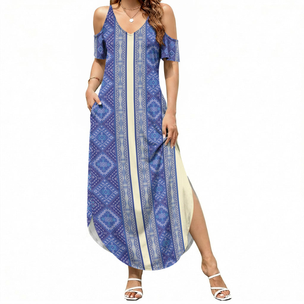 Mabuhay Philippines Festival Summer Maxi Dress Yakan Modern Filipiniana Inspired LT14 Women Blue - Polynesian Pride