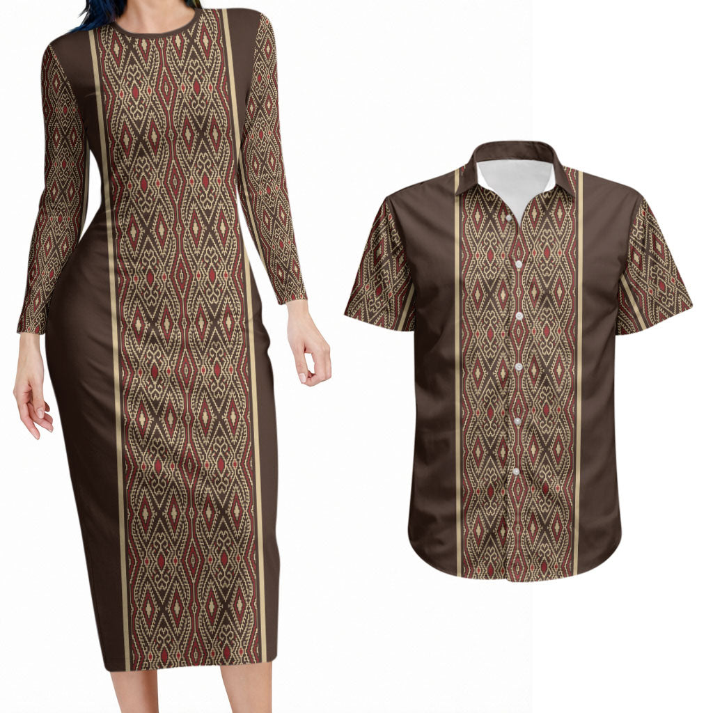 Mabuhay Philippines Festival Couples Matching Long Sleeve Bodycon Dress and Hawaiian Shirt Tnalak Modern Filipiniana Inspired LT14 Brown - Polynesian Pride