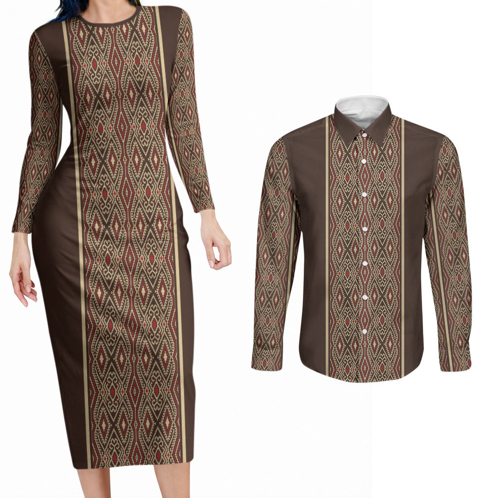 Mabuhay Philippines Festival Couples Matching Long Sleeve Bodycon Dress and Long Sleeve Button Shirt Tnalak Modern Filipiniana Inspired LT14 Brown - Polynesian Pride