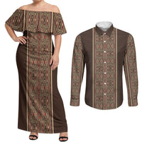 Mabuhay Philippines Festival Couples Matching Off Shoulder Maxi Dress and Long Sleeve Button Shirt Tnalak Modern Filipiniana Inspired LT14 Brown - Polynesian Pride