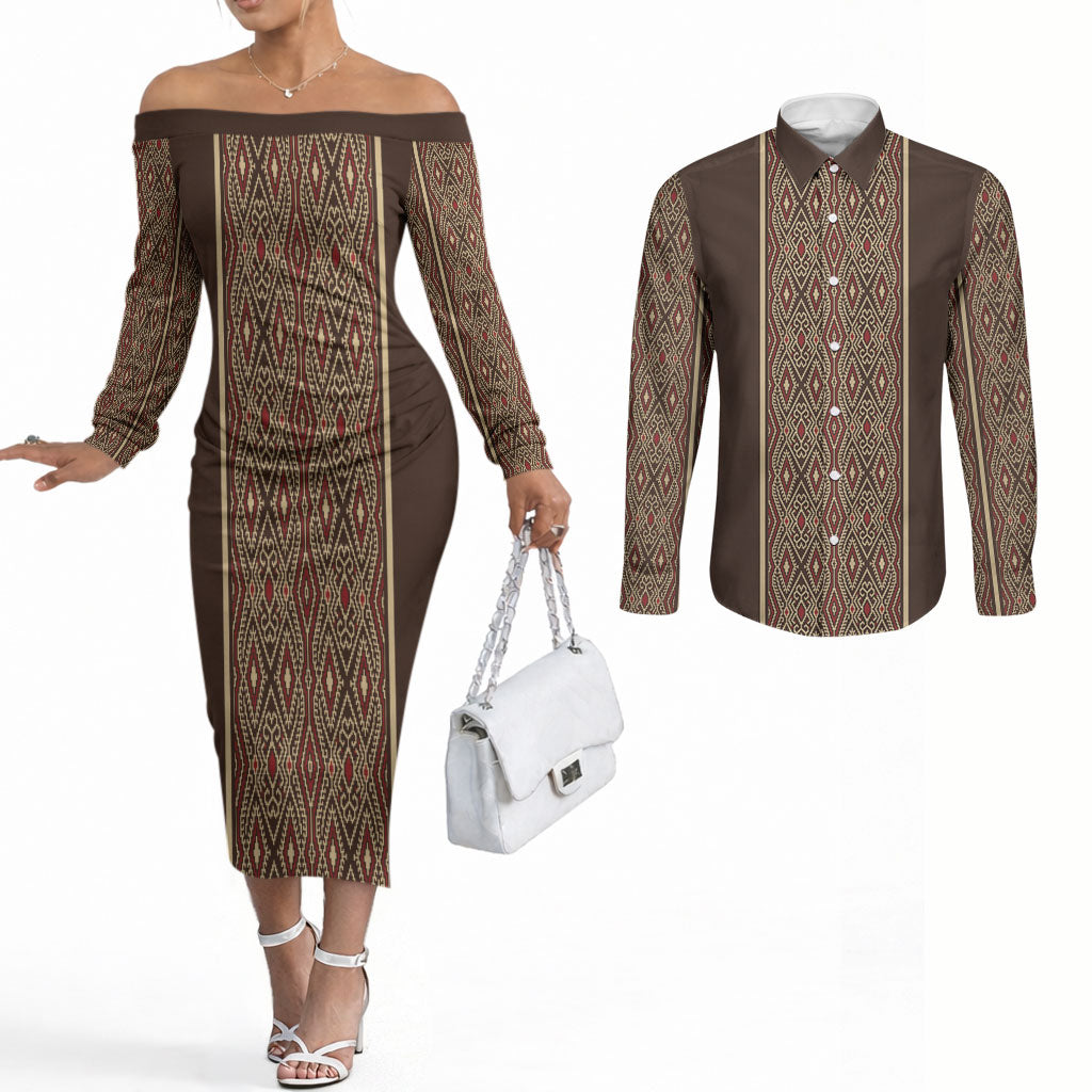 Mabuhay Philippines Festival Couples Matching Off The Shoulder Long Sleeve Dress and Long Sleeve Button Shirt Tnalak Modern Filipiniana Inspired LT14 Brown - Polynesian Pride