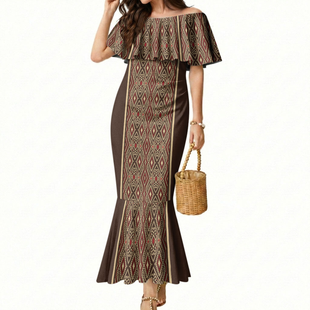 Mabuhay Philippines Festival Mermaid Dress Tnalak Modern Filipiniana Inspired LT14 Women Brown - Polynesian Pride