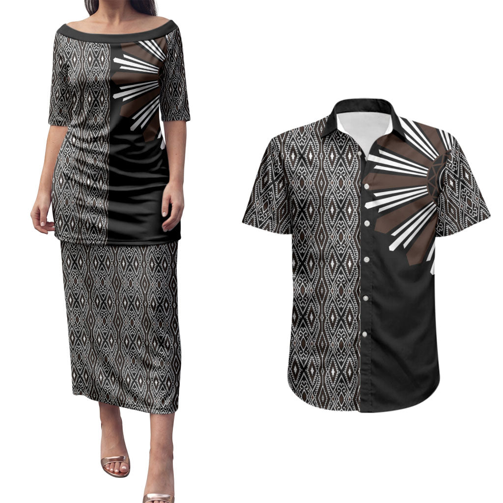 Mabuhay Philippines Festival Couples Matching Puletasi and Hawaiian Shirt Araw Tnalak Modern Filipiniana Inspired LT14 Black - Polynesian Pride