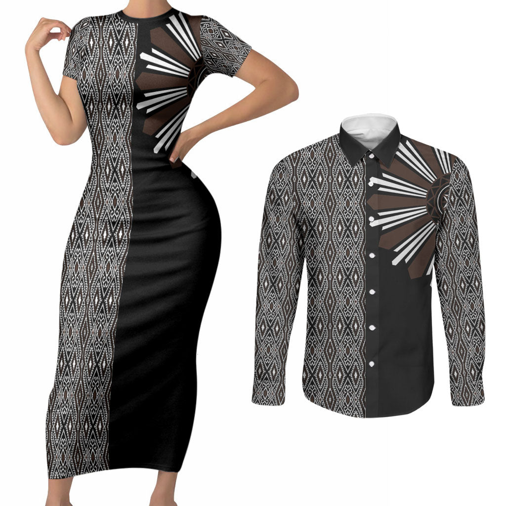 Mabuhay Philippines Festival Couples Matching Short Sleeve Bodycon Dress and Long Sleeve Button Shirt Araw Tnalak Modern Filipiniana Inspired LT14 Black - Polynesian Pride