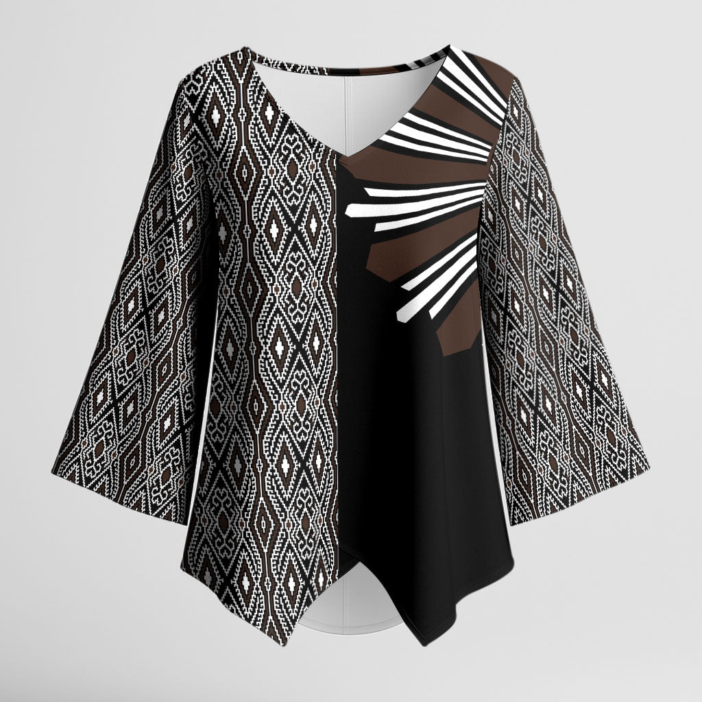 Mabuhay Philippines Festival Kimono Sleeve Blouse Araw Tnalak Modern Filipiniana Inspired LT14 Female Black - Polynesian Pride