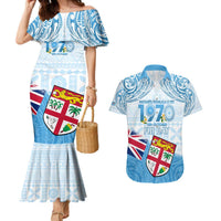 Fiji Day 1970 Couples Matching Mermaid Dress and Hawaiian Shirt Proud To Be A Fijian Tapa Pattern LT14 Blue - Polynesian Pride