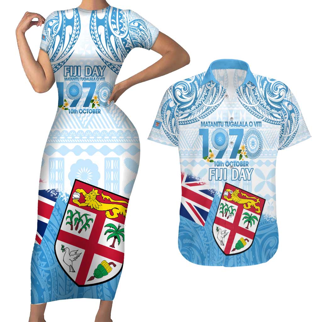 Fiji Day 1970 Couples Matching Short Sleeve Bodycon Dress and Hawaiian Shirt Proud To Be A Fijian Tapa Pattern LT14 Blue - Polynesian Pride