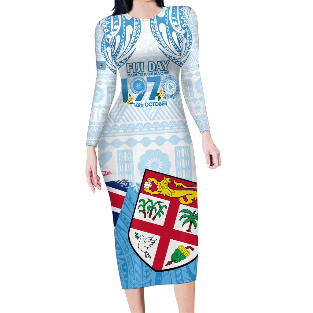 Fiji Day 1970 Family Matching Long Sleeve Bodycon Dress and Hawaiian Shirt Proud To Be A Fijian Tapa Pattern LT14 Mom's Dress Blue - Polynesian Pride