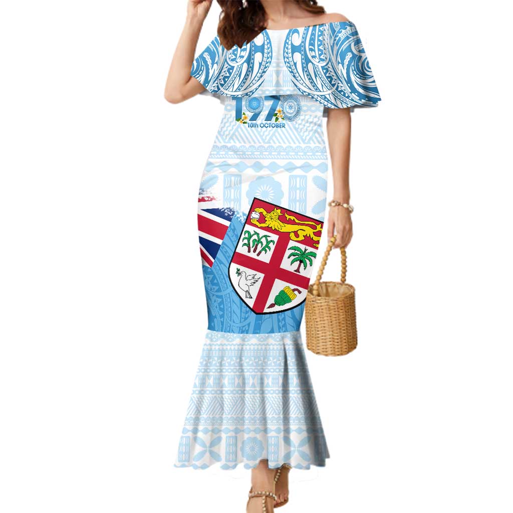 Fiji Day 1970 Family Matching Mermaid Dress and Hawaiian Shirt Proud To Be A Fijian Tapa Pattern LT14 Mom's Dress Blue - Polynesian Pride