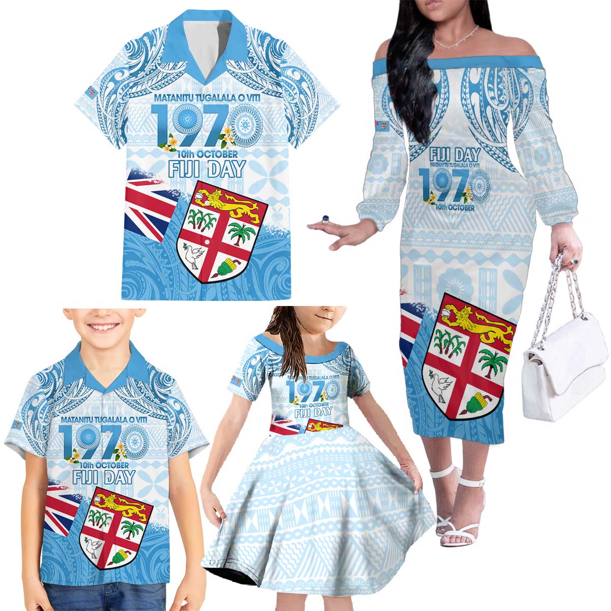 Fiji Day 1970 Family Matching Off The Shoulder Long Sleeve Dress and Hawaiian Shirt Proud To Be A Fijian Tapa Pattern LT14 - Polynesian Pride
