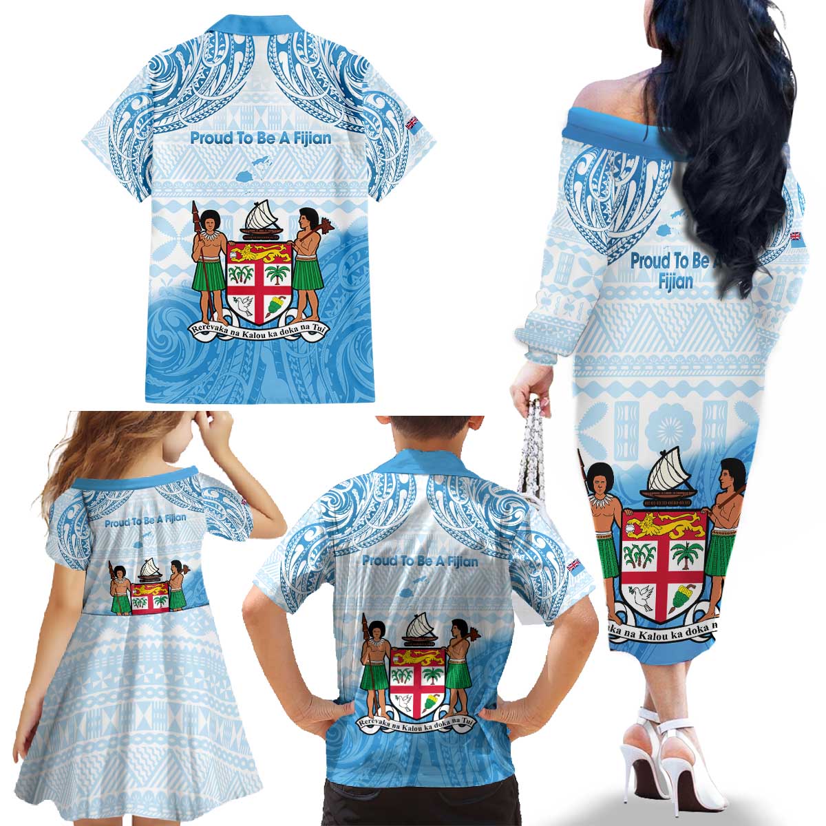 Fiji Day 1970 Family Matching Off The Shoulder Long Sleeve Dress and Hawaiian Shirt Proud To Be A Fijian Tapa Pattern LT14 - Polynesian Pride