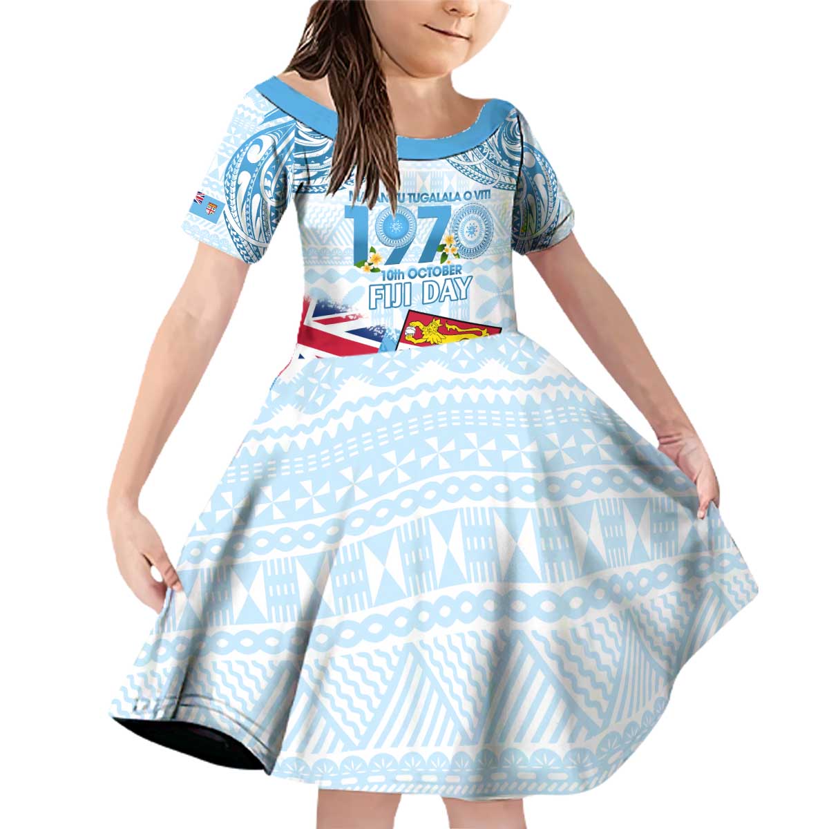 Fiji Day 1970 Family Matching Off Shoulder Short Dress and Hawaiian Shirt Proud To Be A Fijian Tapa Pattern LT14 Daughter's Dress Blue - Polynesian Pride