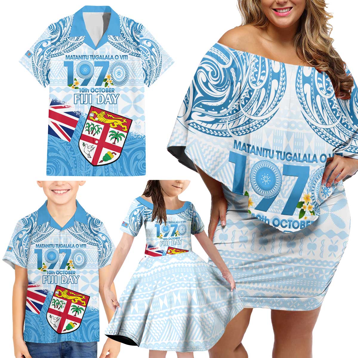 Fiji Day 1970 Family Matching Off Shoulder Short Dress and Hawaiian Shirt Proud To Be A Fijian Tapa Pattern LT14 - Polynesian Pride
