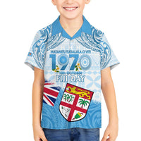 Fiji Day 1970 Family Matching Off Shoulder Short Dress and Hawaiian Shirt Proud To Be A Fijian Tapa Pattern LT14 Son's Shirt Blue - Polynesian Pride