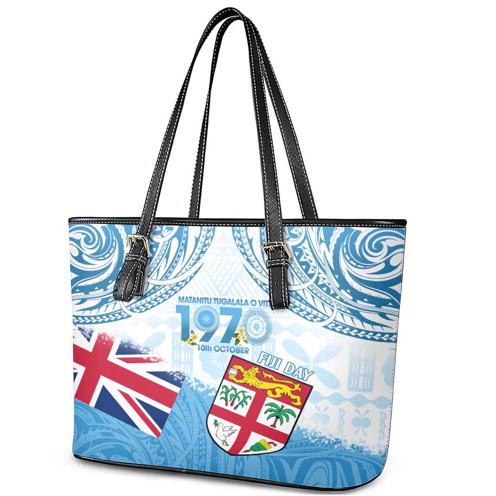 Fiji Day 1970 Leather Tote Bag Proud To Be A Fijian Tapa Pattern