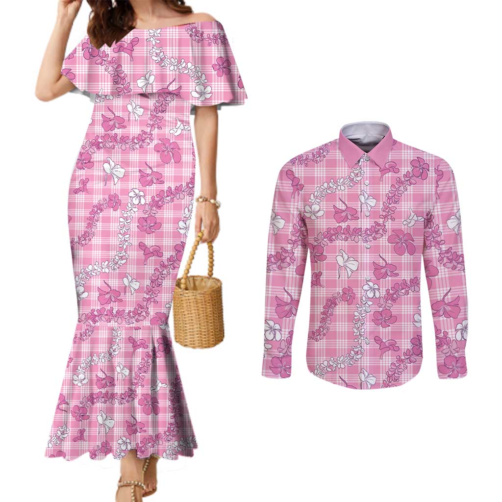 Alaka Aloha Hawaii Couples Matching Mermaid Dress and Long Sleeve Button Shirt Plumeria Lei With Palaka Motif - Polynesian Pride