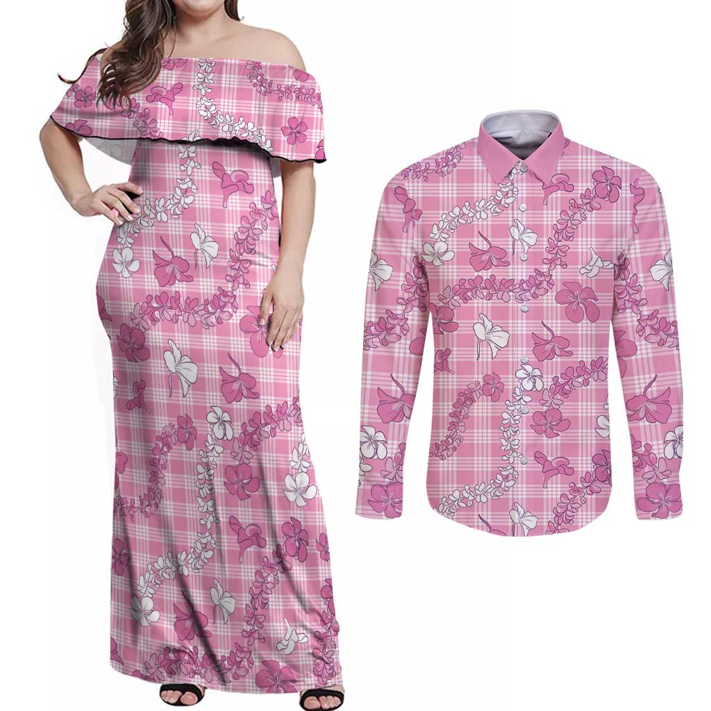 Alaka Aloha Hawaii Couples Matching Off Shoulder Maxi Dress and Long Sleeve Button Shirt Plumeria Lei With Palaka Motif - Polynesian Pride