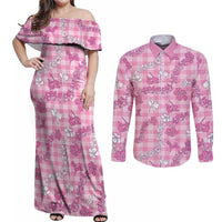 Alaka Aloha Hawaii Couples Matching Off Shoulder Maxi Dress and Long Sleeve Button Shirt Plumeria Lei With Palaka Motif - Polynesian Pride