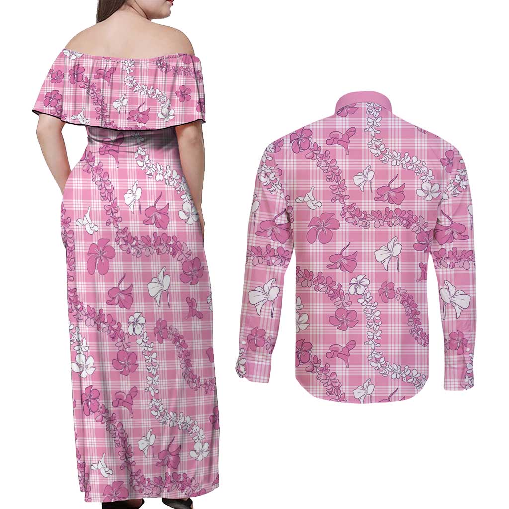 Alaka Aloha Hawaii Couples Matching Off Shoulder Maxi Dress and Long Sleeve Button Shirt Plumeria Lei With Palaka Motif - Polynesian Pride