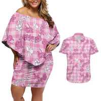 Alaka Aloha Hawaii Couples Matching Off Shoulder Short Dress and Hawaiian Shirt Plumeria Lei With Palaka Motif LT14 Pink - Polynesian Pride