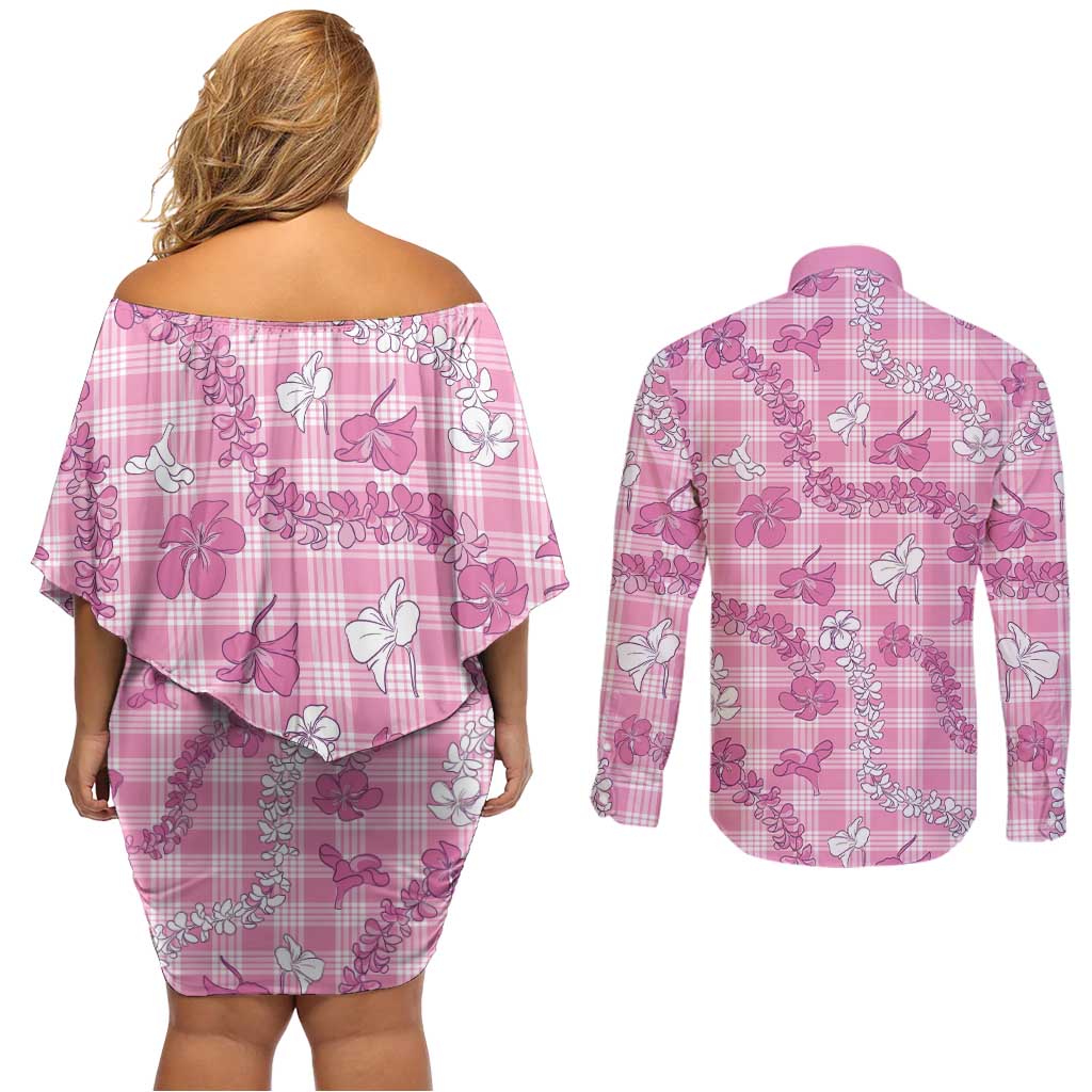 Alaka Aloha Hawaii Couples Matching Off Shoulder Short Dress and Long Sleeve Button Shirt Plumeria Lei With Palaka Motif - Polynesian Pride