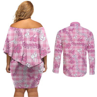 Alaka Aloha Hawaii Couples Matching Off Shoulder Short Dress and Long Sleeve Button Shirt Plumeria Lei With Palaka Motif - Polynesian Pride