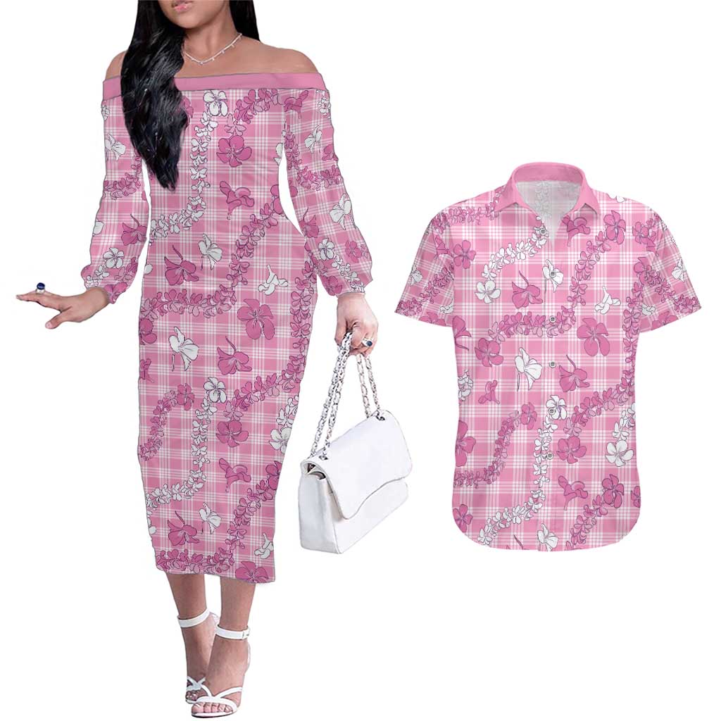 Alaka Aloha Hawaii Couples Matching Off The Shoulder Long Sleeve Dress and Hawaiian Shirt Plumeria Lei With Palaka Motif LT14 Pink - Polynesian Pride
